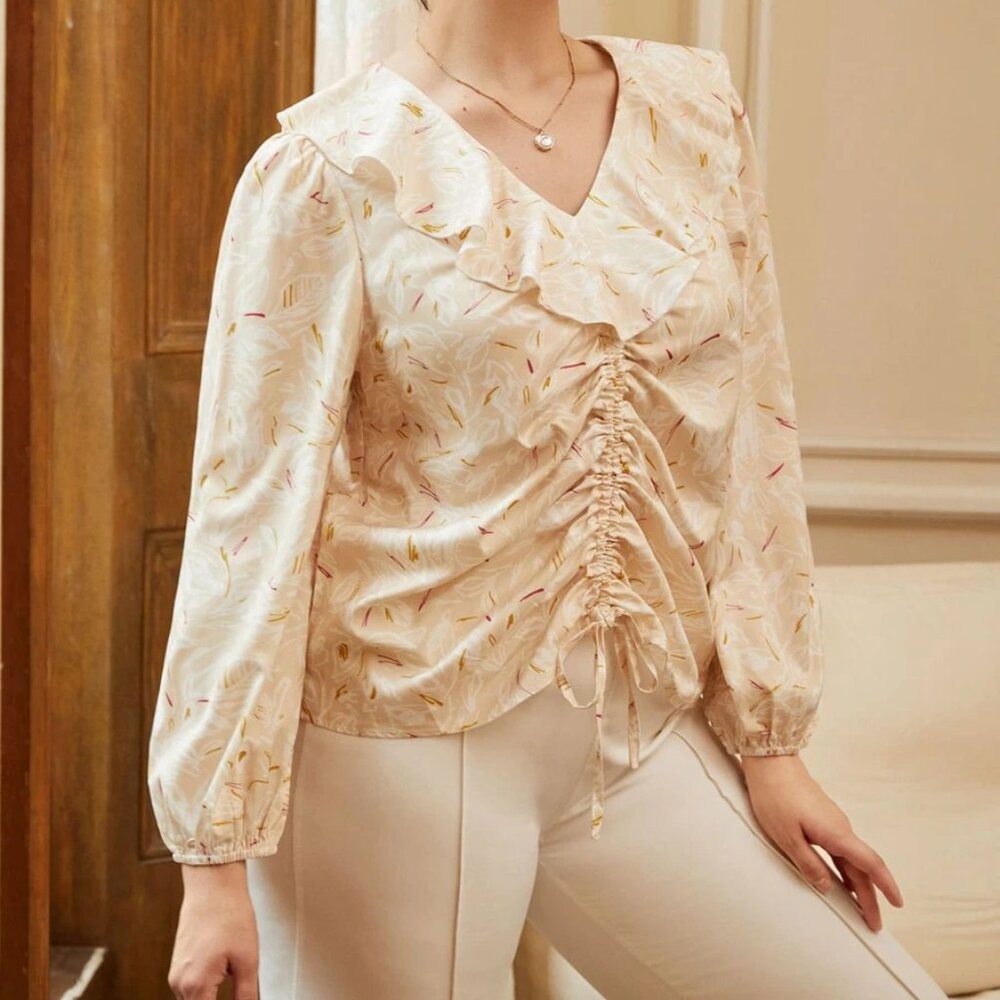Plus Floral Print Ruffle Trim Drawstring Front Blouse (Size 2X)